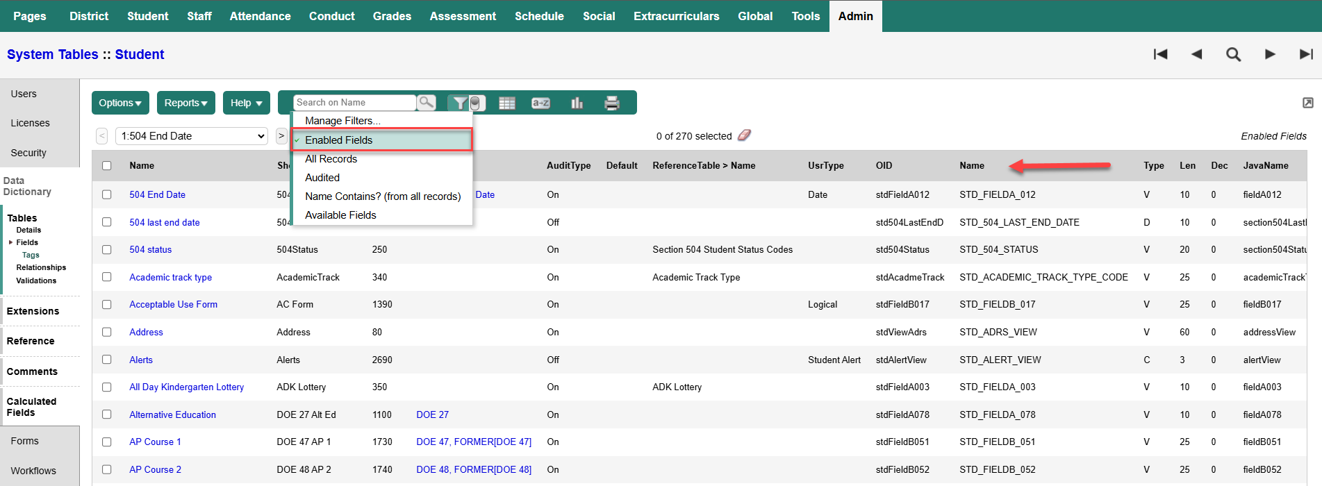 System Tables fields page with Enabled Fields filter highlighted